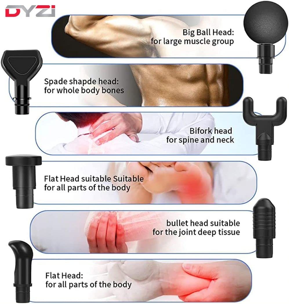 Handheld Massage Gun, Percussion Deep Tissue Muscle Body Massager 6 Heads by Dyzi