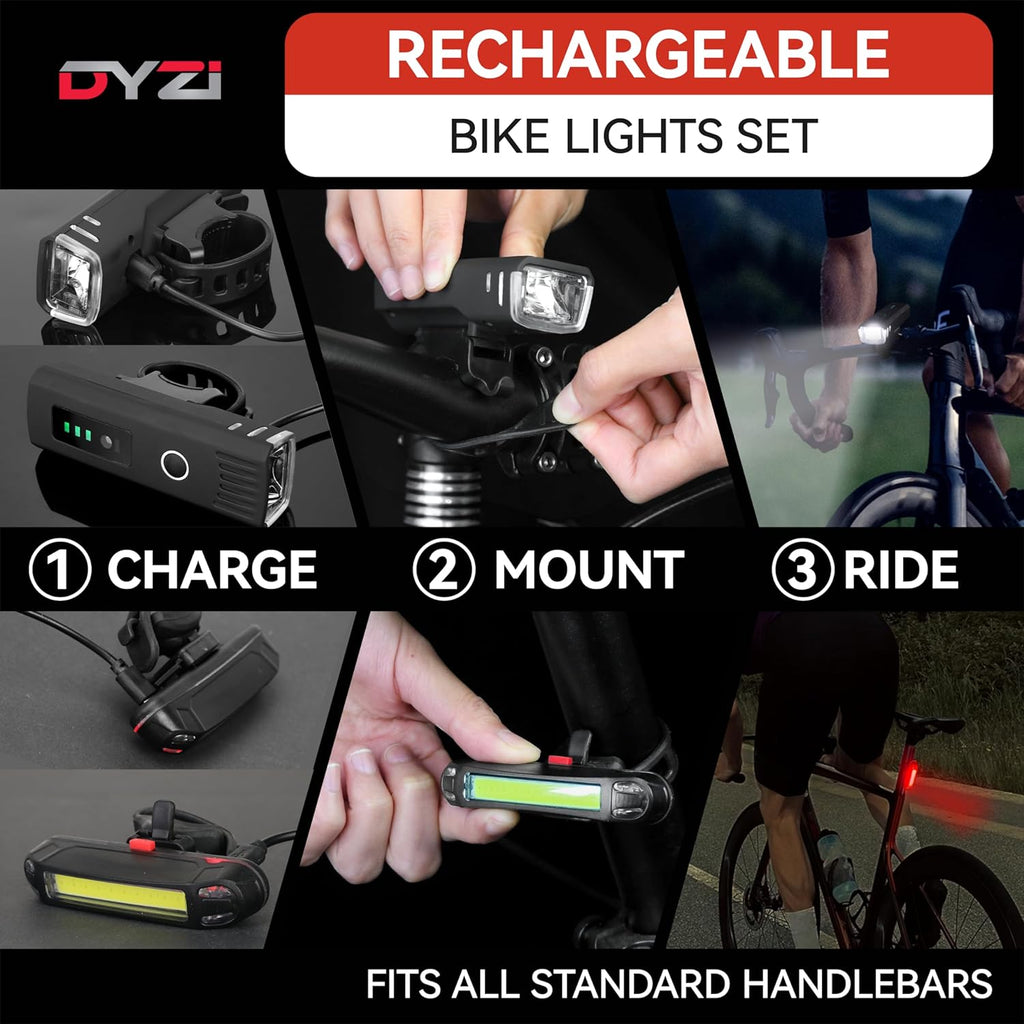 Dyzi Bike Lights - USB Rechargeable Ultra Bright Front & Back Bike Light Sets - 4 Light Modes With Daylight Sensor - Easy to Fit and Mount LED Bicycle Lights
