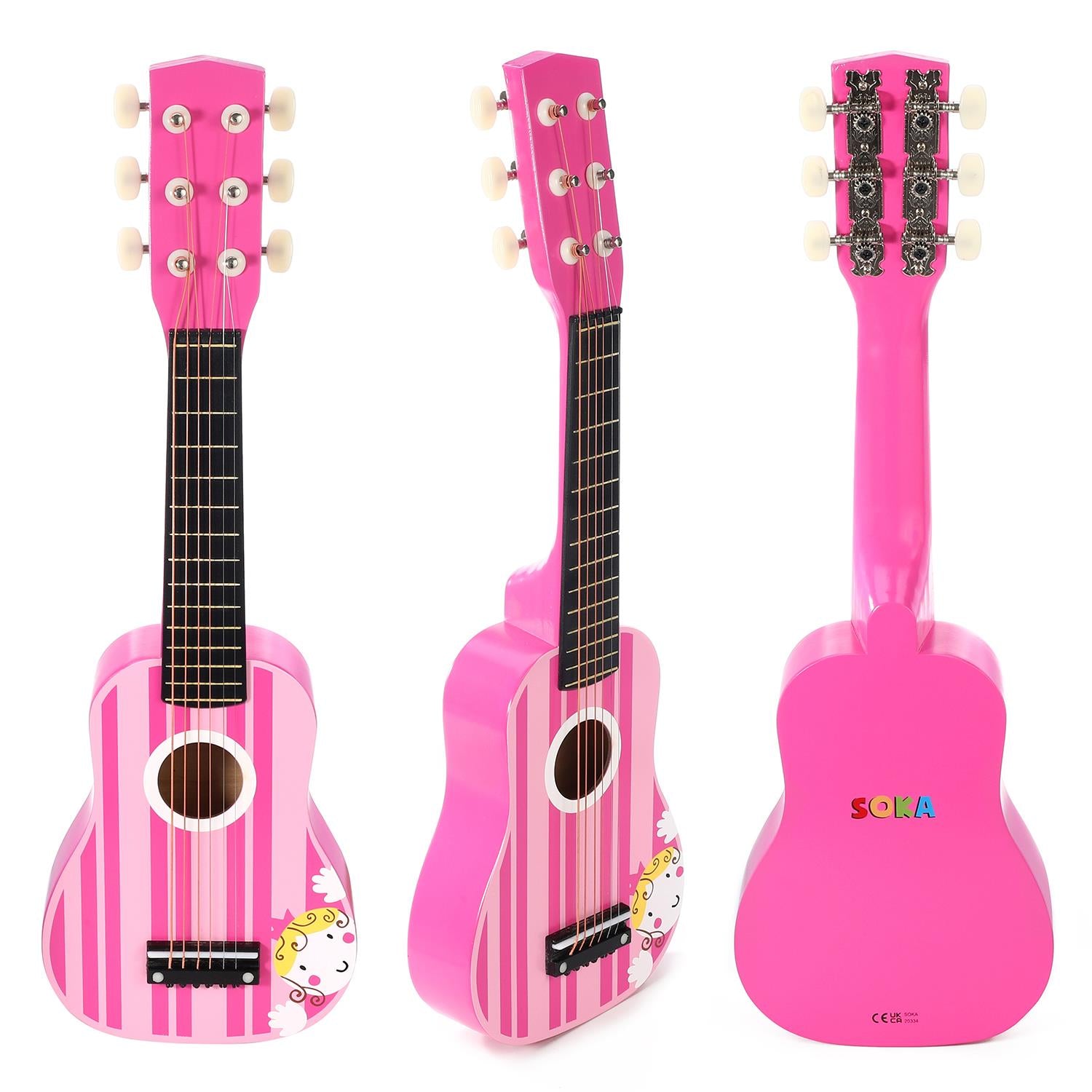 SOKA Wooden Pink Striped Guitar Musical Instrument Pretend Play Music Toy Interactive Role Play Game Early Developmental Gift for Children Toddler Kids Boys Girls Ages 3 year old +