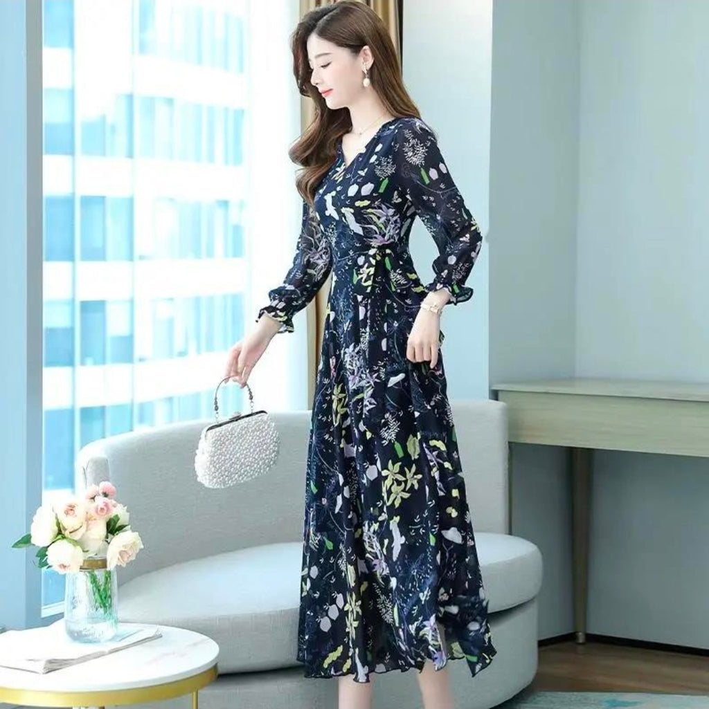 Women Floral Swing Dress Slim Fit Plus Size Autumn