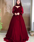 Maroon Chiffon Maxi Dress With Lace Border & Dupatta 3pcs