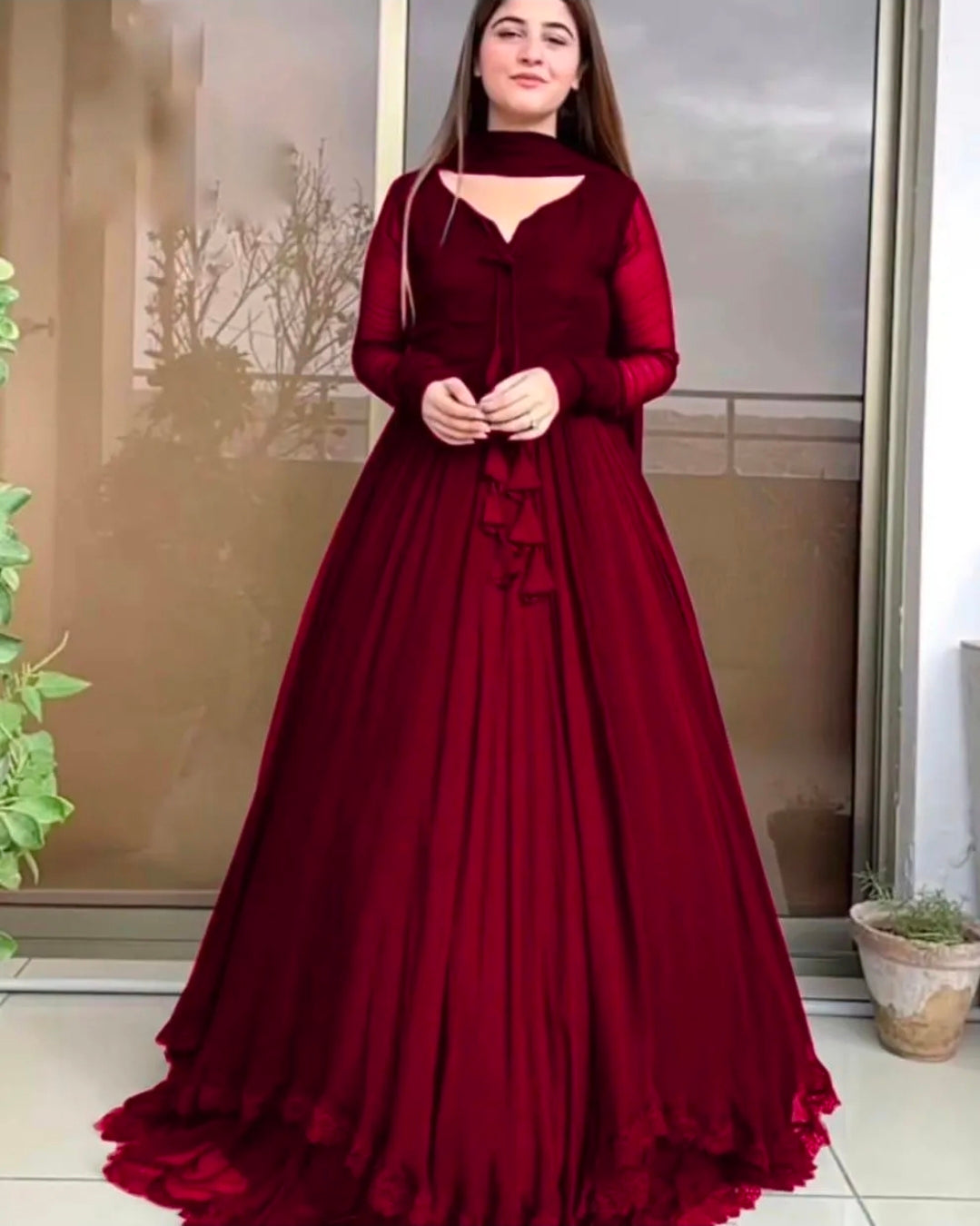 Maroon Chiffon Maxi Dress With Lace Border & Dupatta 3pcs