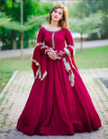 Maroon Embroidered Chiffon Maxi Set with Lace Dupatta