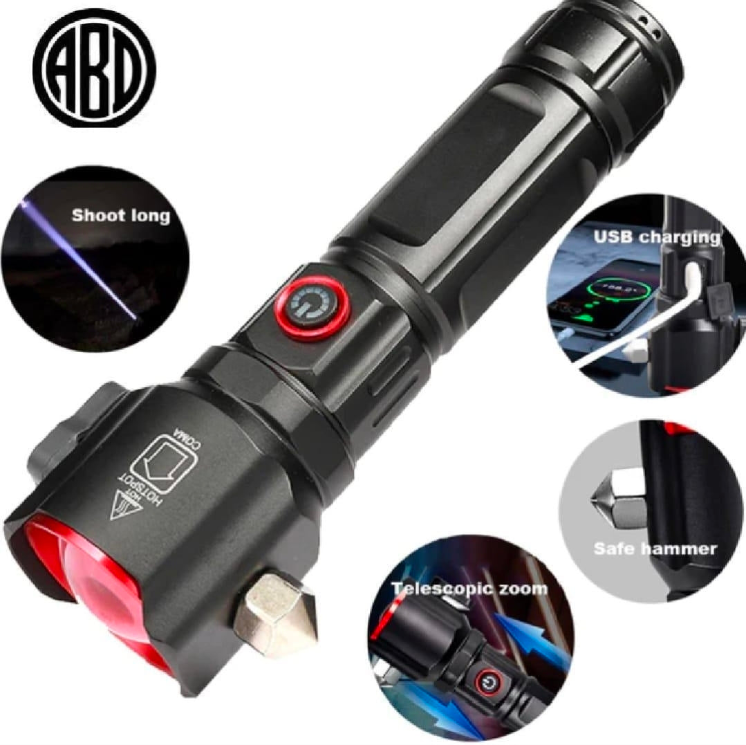 Rechargeable LED Torch with Safety Hammer & Zoom