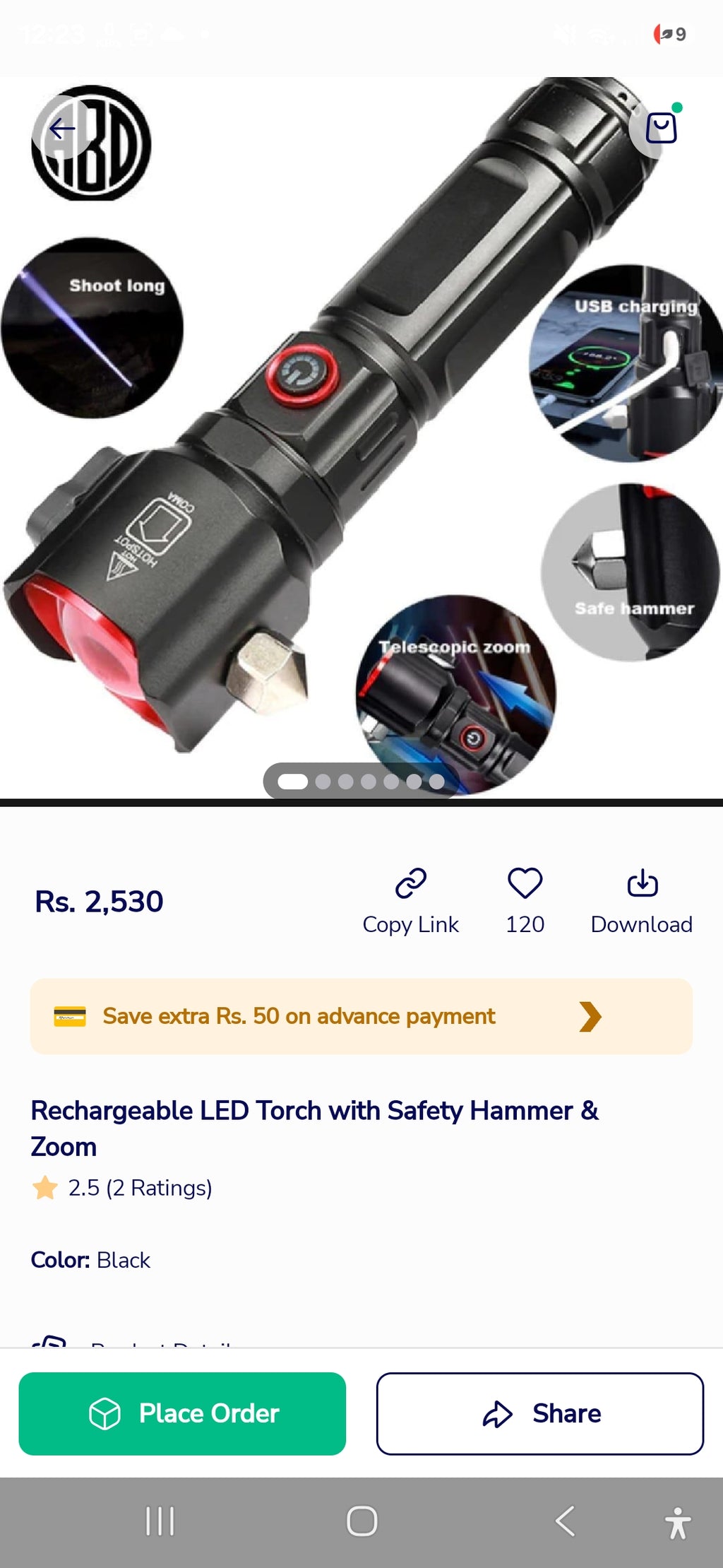 Rechargeable LED Torch with Safety Hammer & Zoom